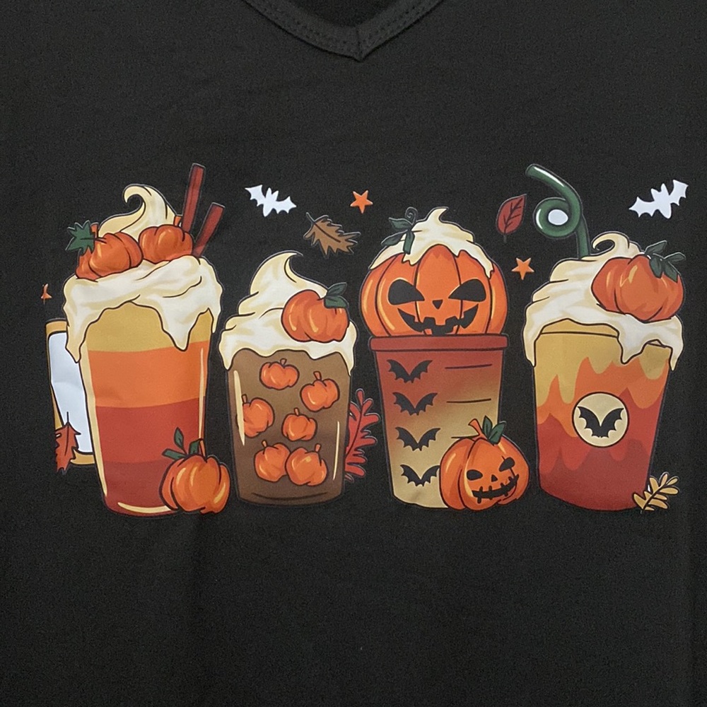 Plus Size Halloween Pumpkin and Bats Coffee Cup Graphic V Neck Tee - Picture 4 of 8